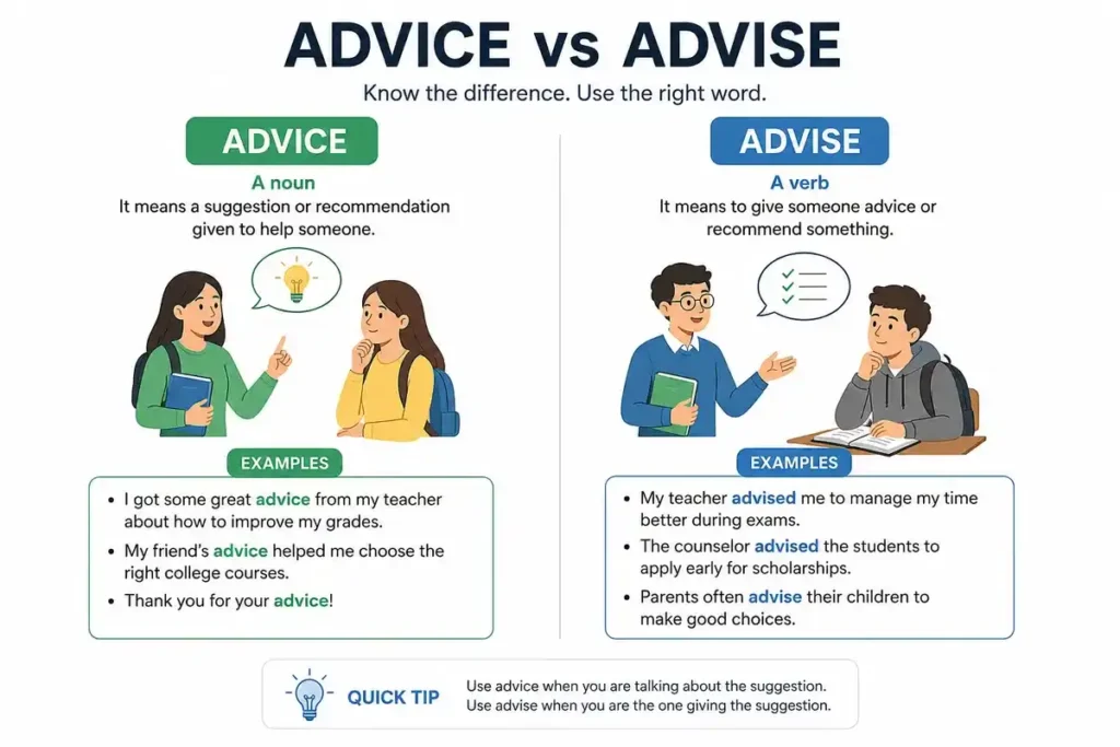 easy real life sentences you can use advise or advice