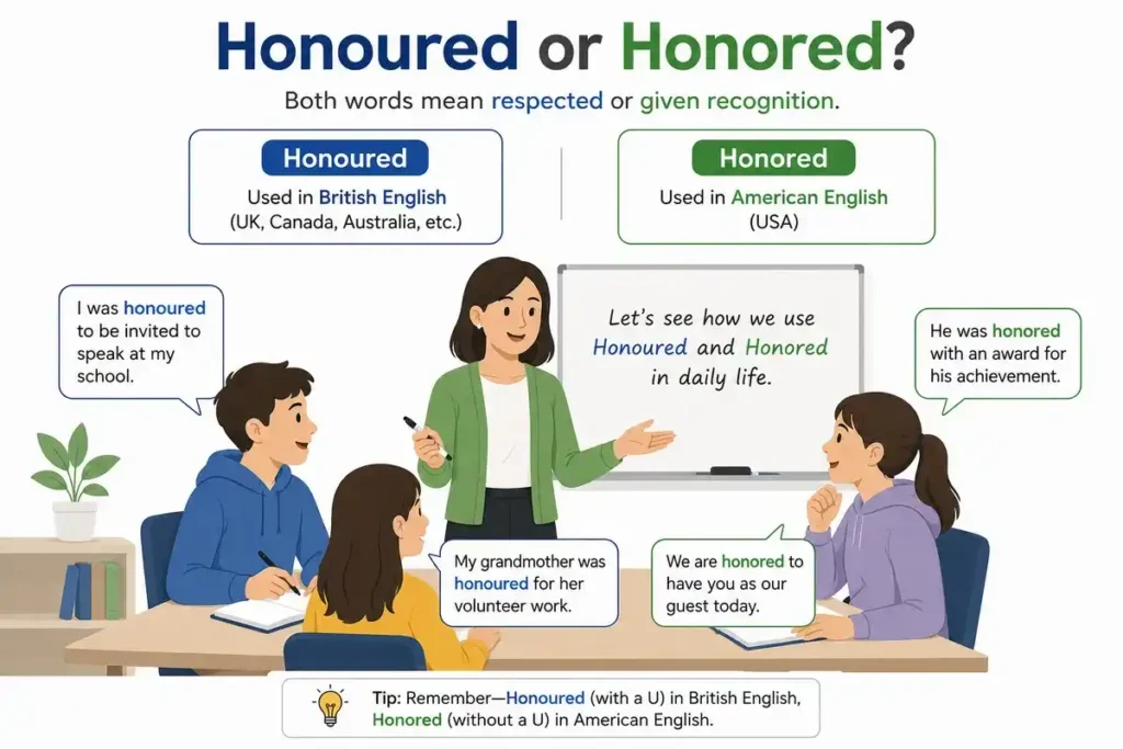 Easy Real-Life Sentences of Honoured or Honored You Can Use