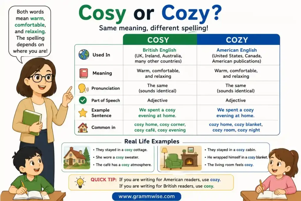 Easy Real-Life Sentences on "Cosy or Cozy"