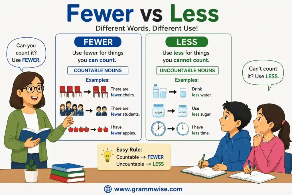 Easy Real-Life Sentences on Fewer vs Less