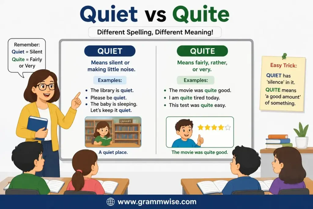 Easy Real-Life Sentences on Quiet vs Quite