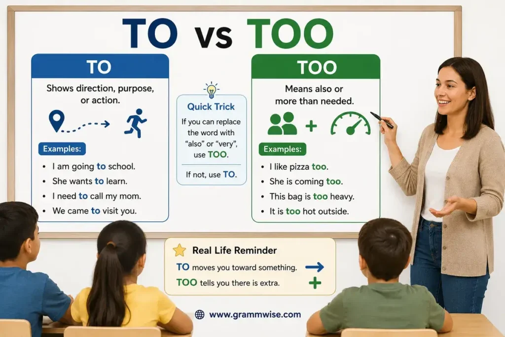 Easy Real-Life Sentences on "To vs Too"
