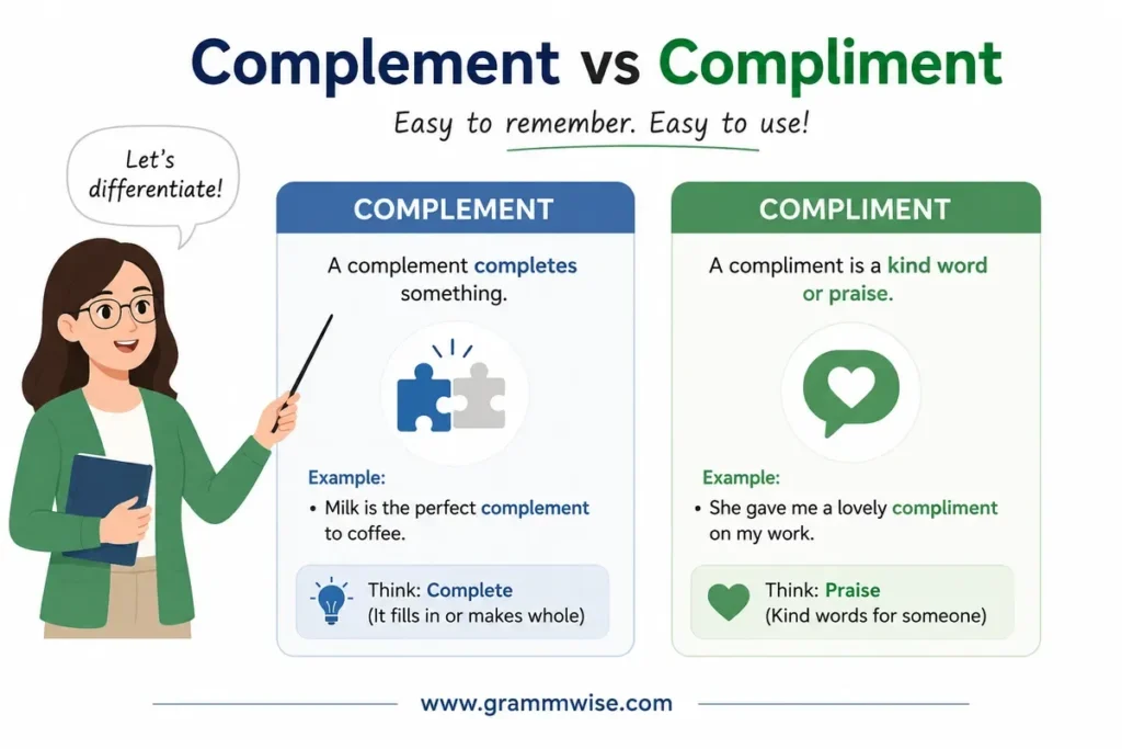 Meaning of Complement vs Compliment in Simple English