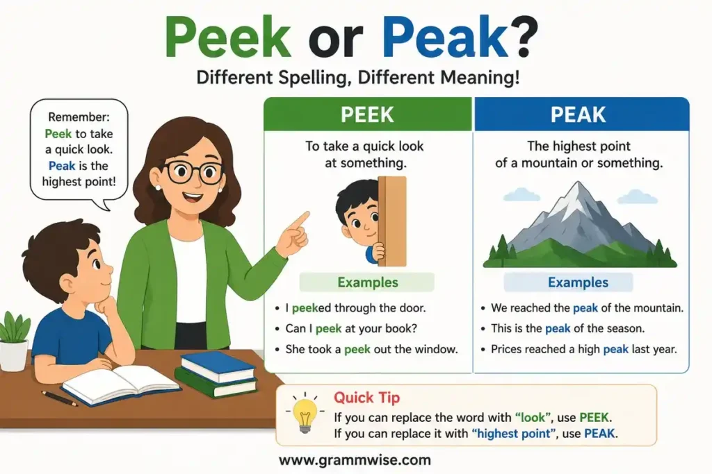 Meaning of Peek or Peak in Simple English