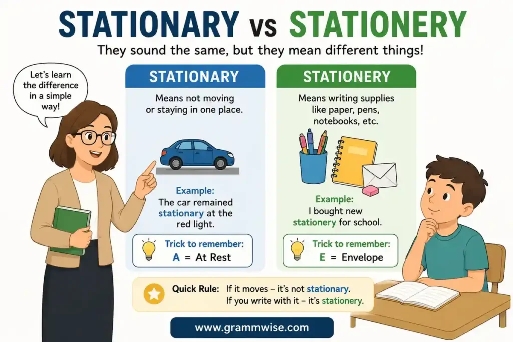 Meaning of Stationary vs Stationery in Simple English