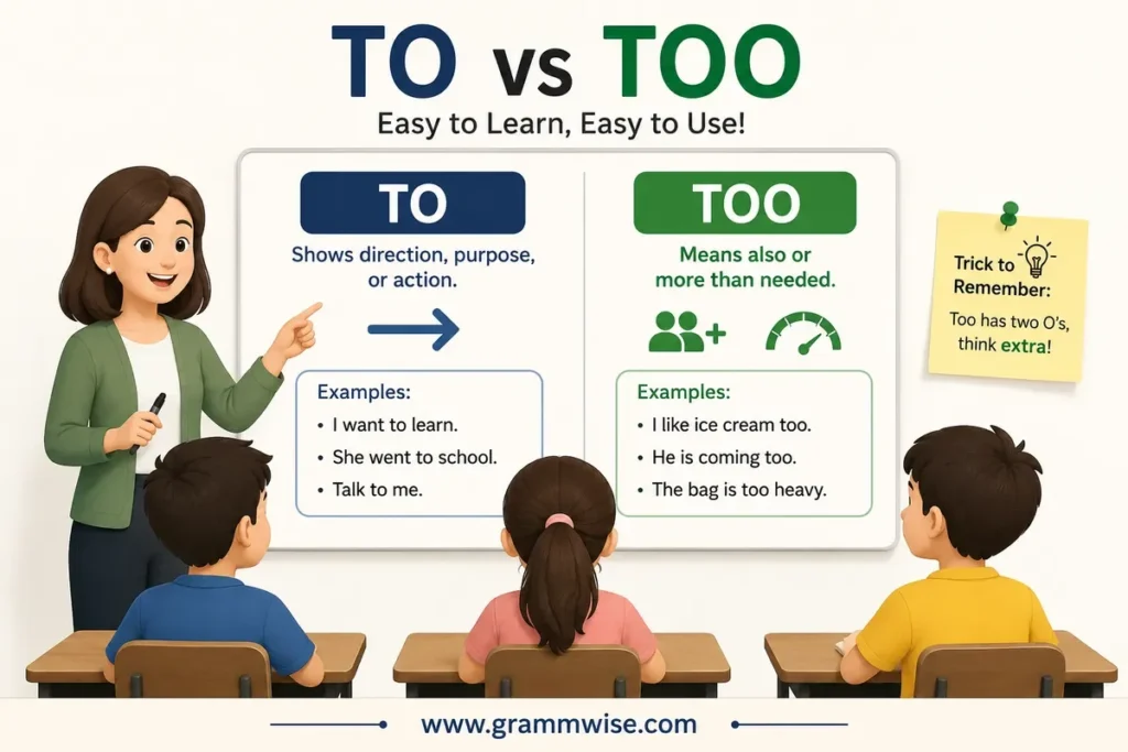 Meaning of "To vs Too" in Simple English