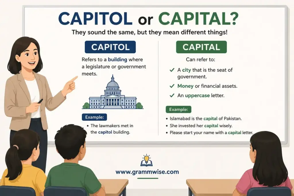 Means of Capitol or Capital in Simple English