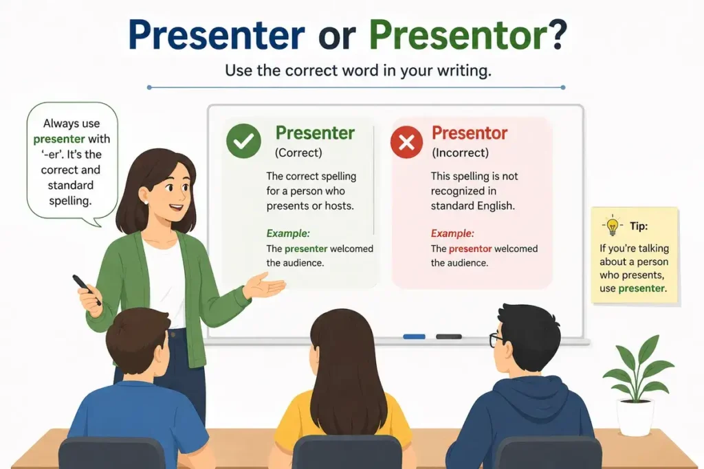 Means of Presenter or Presentor in Simple English