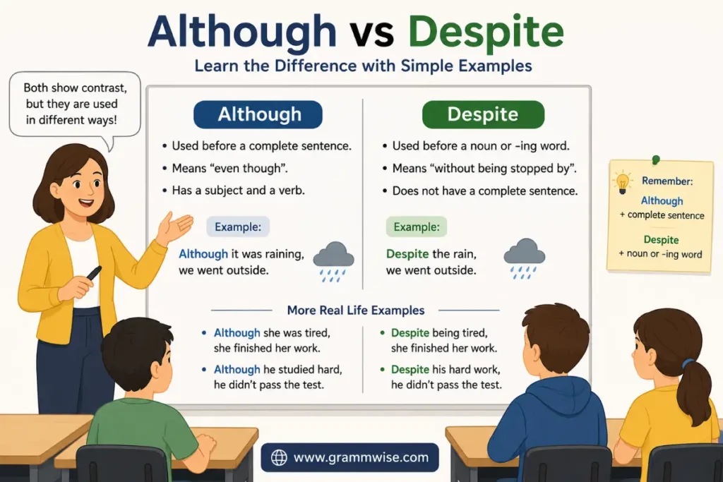 Easy Real-Life Sentences on Although vs Despite
