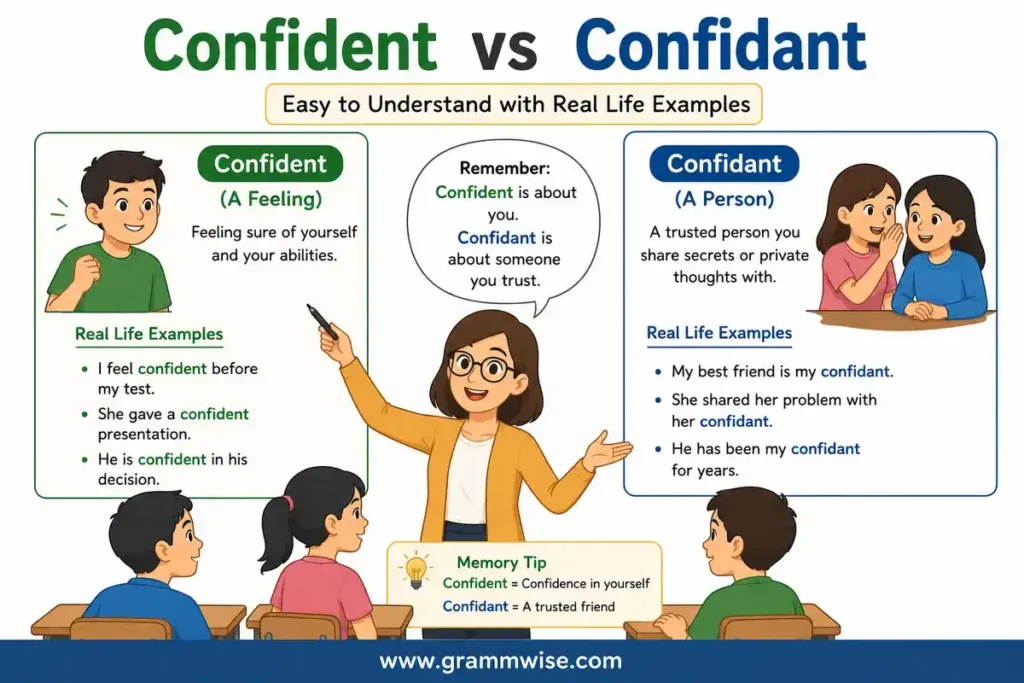 Easy Real-Life Sentences on "Confident vs Confidant"