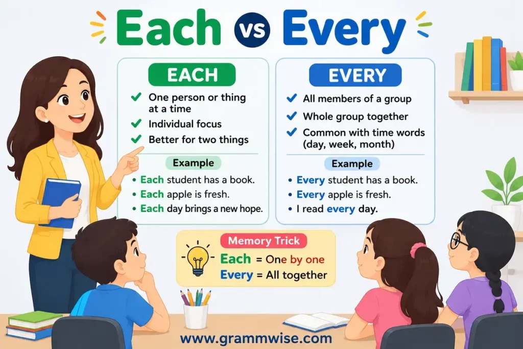 Easy Real-Life Sentences on Each vs Every