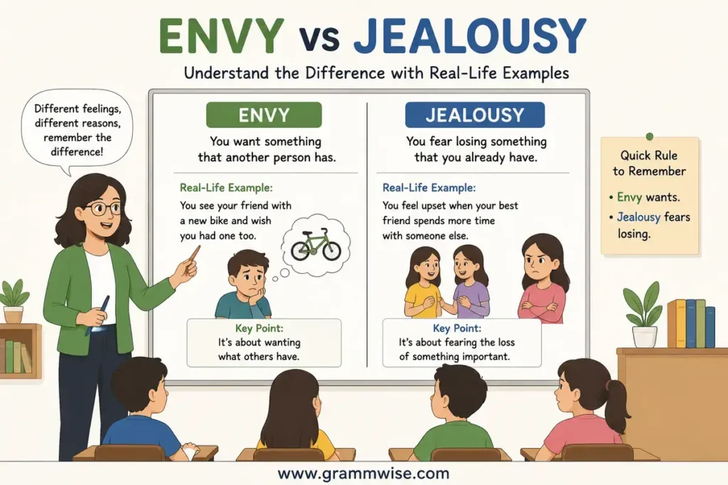 Easy Real-Life Sentences on Envy vs Jealousy