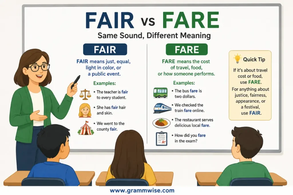 Easy Real-Life Sentences on Fair vs Fare