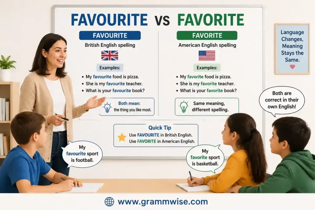 Easy Real-Life Sentences on "Favourite vs Favorite"