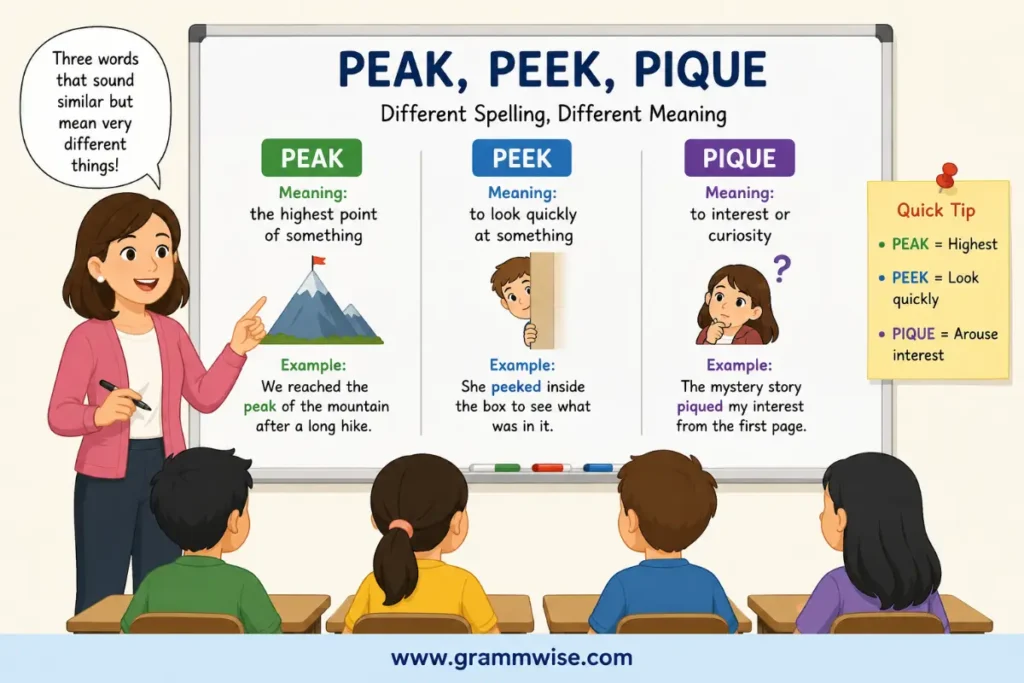 Easy Real-Life Sentences on Peak, Peek, Pique