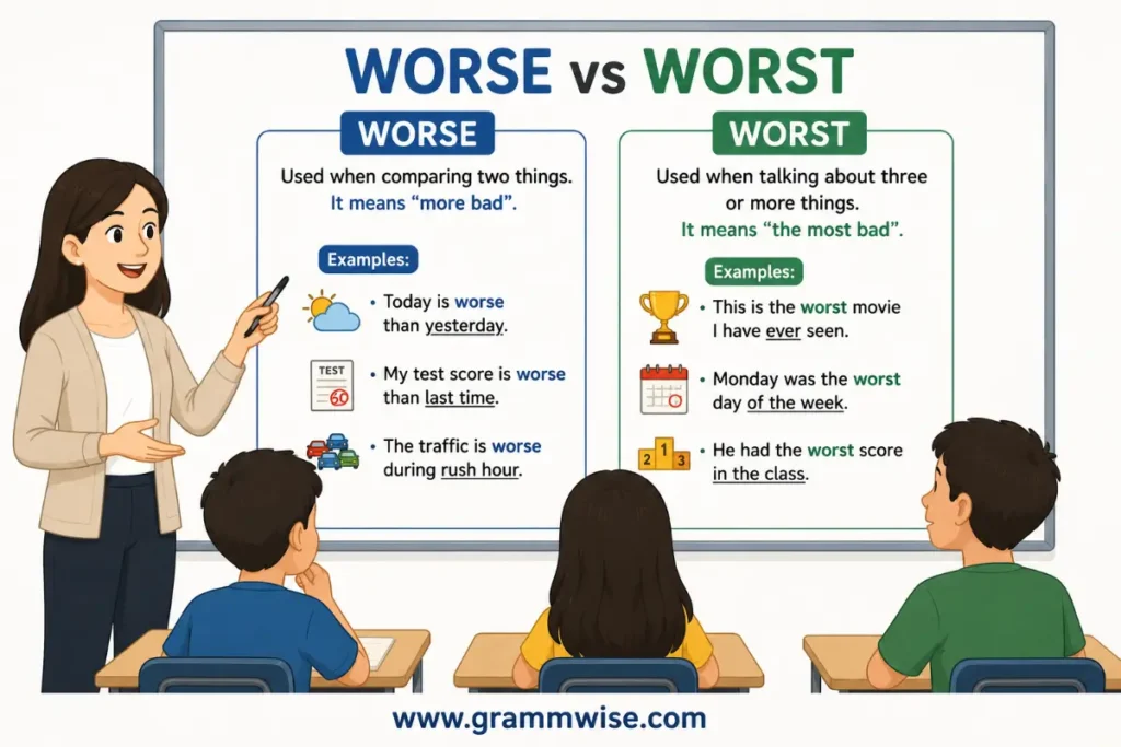 Easy Real-Life Sentences on Worse vs Worst