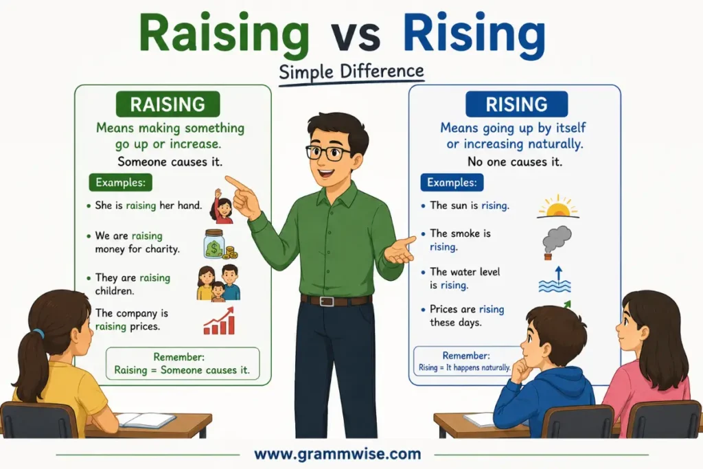 Easy Real-Life Sentences Raising vs Rising