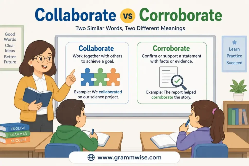 Meaning of "Collaborate vs Corroborate" in Simple English