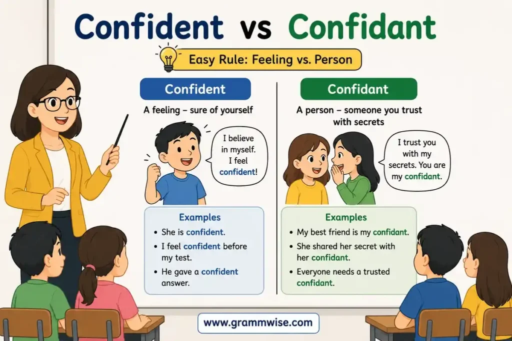 Meaning of "Confident vs Confidant" in Simple English